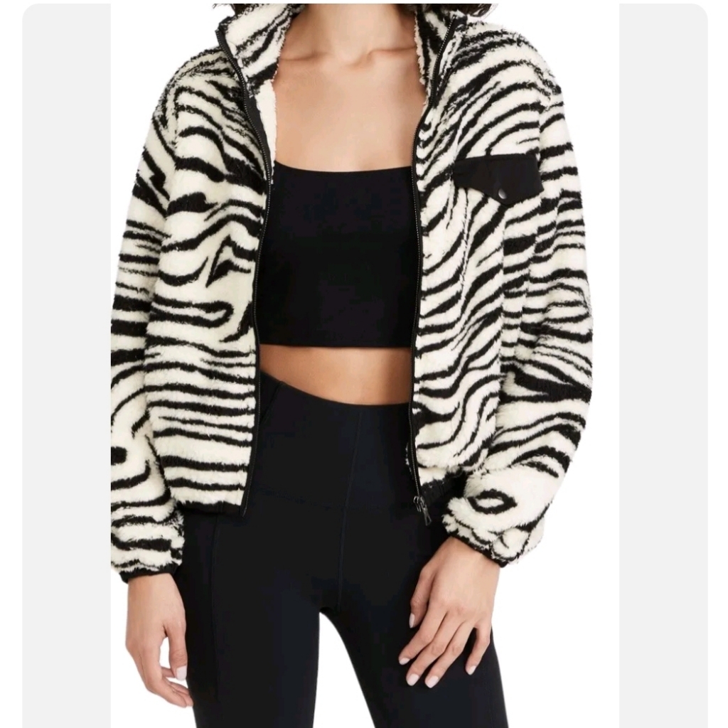 Revolve X Plush Zebra Sherpa Mock Neck Fleece Teddy Bear Jacket